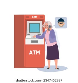 Deceptive Money Transfer concept. A scammer is tricks an elderly woman into transferring money at ATM machine.