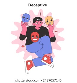 Deceptive Personality concept. A figure holding masks with varied expressions, capturing the essence of deceit and duplicity. Flat vector illustration.