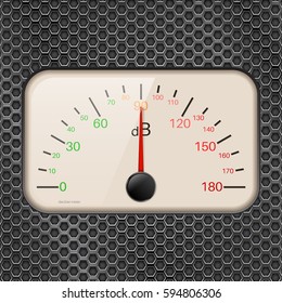 Decibel Meter On Metal Perforated Background. Vector Illustration