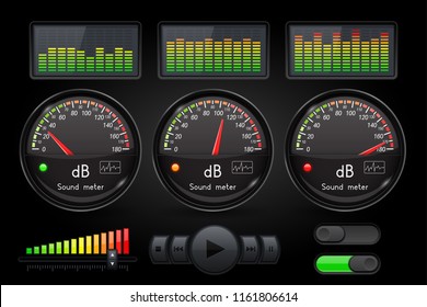 Decibel sound meter with equalizer and buttons. Black user interface. Vector 3d illustration