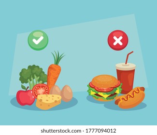 decide for broccoli apple cheese instead of hamburger hot dog design, junk or healthy food decision theme Vector illustration