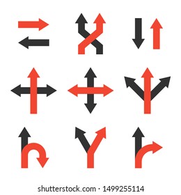 decide icons set. making a decision symbol. direction arrow sign. left or right way. uncertainty choice. competitive strategy logo. unknown pathway. isolated on white background. vector illustration