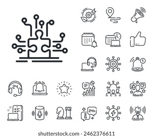 Entscheide das Puzzle-Zeichen. Platzieren Sie die Symbole für Position, Technologie und intelligente Lautsprecherkonturen. Puzzle mit vielen Optionen Linie Symbol. Symbol für geschäftliche Herausforderungen. Puzzle-Optionen Zeilenzeichen. Vektorgrafik