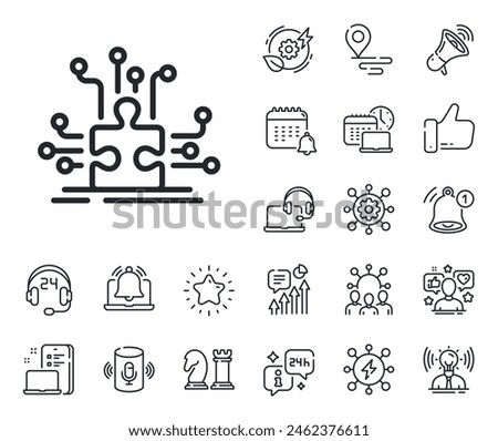 Decide Jigsaw sign. Place location, technology and smart speaker outline icons. Puzzle with many options line icon. Business challenge symbol. Puzzle options line sign. Vector