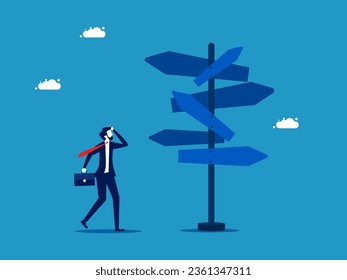 Decide on an approach. Businessman looking at road signs in many directions