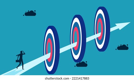 Decide on multiple goals. Businessmen follow the arrows to achieve various goals