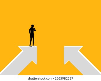 Decide on a new opportunity, Businessman stands on the gap between two arrows
