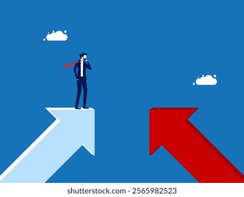 Decide on a new path, Businessman stands on the gap between two arrows
