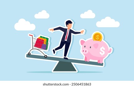 Deciding between investing or saving money versus spending it on shopping concept of Businessman standing on a seesaw, one end with a piggy bank, the other with a shopping basket