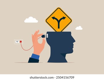 Deciding career path. Businessman and  big hand connects electricity to the  way to go on folk road sign. Flat vector illustration