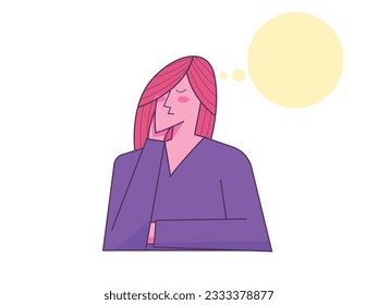 Deciding, choosing, dreaming, problem-solving in the head. Pensive woman with bubble thinking