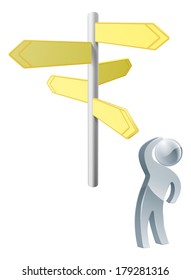 Deciding on route concept, a silver person deciding on the correct route looking at a road sign