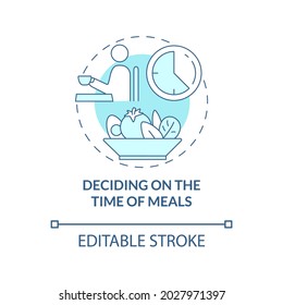 Deciding on time of meals blue concept icon. Eating schedule abstract idea thin line illustration. Meal planning. Regular eating. Vector isolated outline color drawing. Editable stroke
