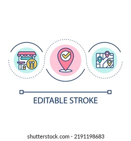 Deciding Restaurant Location Loop Concept Icon. Selecting Food Service Establishment Site Abstract Idea Thin Line Illustration. Isolated Outline Drawing. Editable Stroke. Arial Font Used