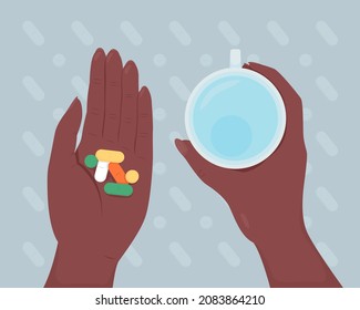 Decidir tomar píldoras de imagen vectorial de color plano. Tratamiento médico para la enfermedad. Receta por enfermedad. Manteniendo medicamentos y taza de agua dibujos animados 2D de primera mano con fondo abstracto