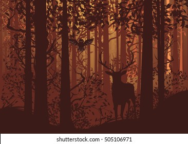 Deciduous autumn forest landscape with  digitally created silhouettes of trees, deer and grass.