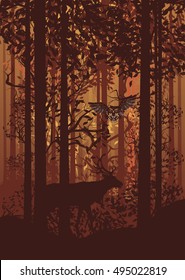 Deciduous autumn forest landscape with silhouettes of trees, deer and grass.