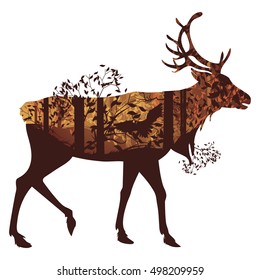 Deciduous autumn forest landscape with silhouettes of trees, deer and grass.
