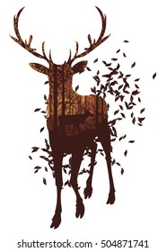 Deciduous autumn forest landscape with silhouettes of trees, deer and grass.