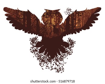 Deciduous autumn forest landscape with silhouettes of trees and owl.