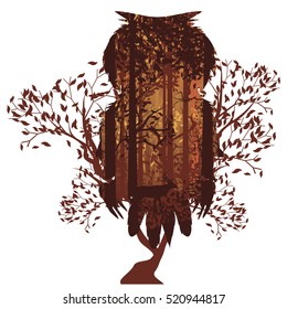 Deciduous autumn forest landscape with silhouettes of trees and owl.