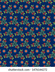 deciduous compositions and red-orange-azure abstract flowers, arranged in rows on a dark blue background. Floral seamless pattern. vector