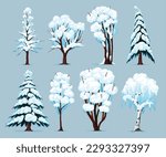 Deciduous and coniferous species trees with snow covered branches winter set at blue background isolated vector illustration