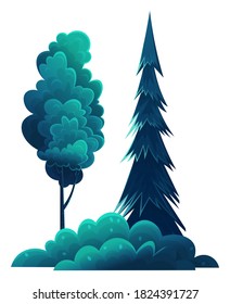Deciduous and coniferous tall trees, navy blue crown, flat cartoon style isolated on white. Forest trees, lush foliage. Oak, spruce, hornbeam, diverse vegetation. Botanical illustration for sites