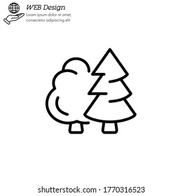 Árbol caducifolio y conífero. Bosque. línea delgada, lineal, contorno. Simple señal, logotipo. 