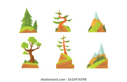 Deciduous and Coniferous Trees, Beautiful Summer Mountain Landscape Elements Vector Illustration