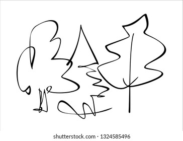 Deciduous and coniferous trees drawn with lines. Vector, isolated.