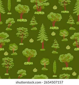 Árvores caducifólias e coníferas sem costura. Prados e arbustos na floresta. Impressão repetida. Parque de madeira. Folhagem de arbustos naturais. Verde exuberante. Pinheiros verdes e carvalhos. Natureza selvagem. Plano de fundo do vetor