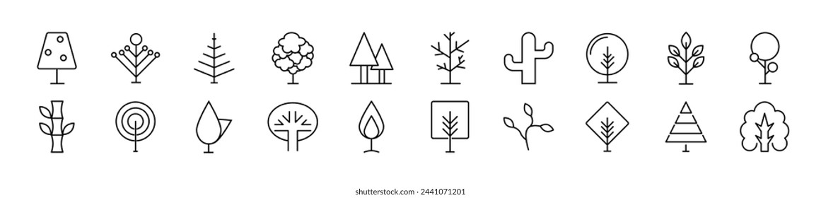 Colección de iconos vectoriales lineales de árboles caducifolios, coníferos y tropicales. Trazo editable. Ilustración lineal simple para sitios web, periódicos, libros de artículos