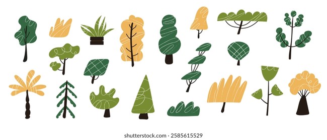 deciduous and evergreen trees, showcasing various forest plants with bare branches and lush green foliage. A botanical set featuring diverse tree species, id