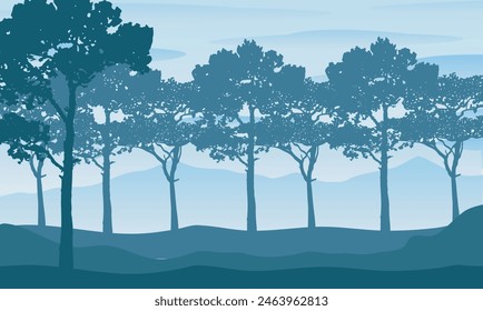 deciduous forest between hills under blue clear sky - vector