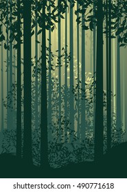 Deciduous forest landscape with silhouettes of trees and grass in green mist.