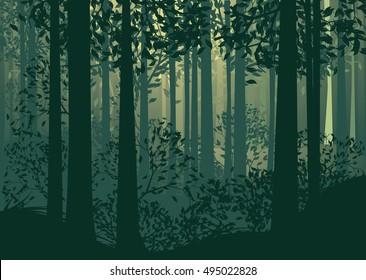 Deciduous forest landscape with silhouettes of trees and grass in green mist.