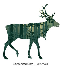 Deciduous forest landscape with silhouettes of trees and deer in green mist.