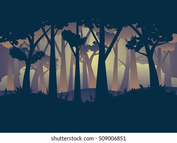 Deciduous forest landscape with silhouettes of trees and grass in green mist.