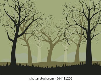 Deciduous forest landscape with silhouettes of trees and grass in green mist.