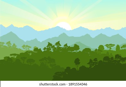 Bosque caducifolio. Silhouette. Madura, esparciendo árboles. Espesos gruesos. Colinas repletas de plantas. En el horizonte hay montañas y cenador con el amanecer. Buenos días. Vector