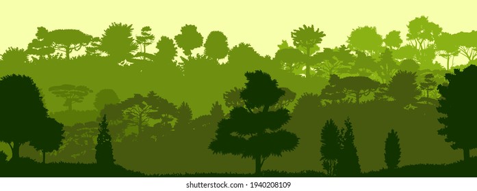 Bosque caducifolio. Silhouette. Madera esparciendo árboles. Espesos gruesos. Colinas repletas de plantas. Cielo. Vector