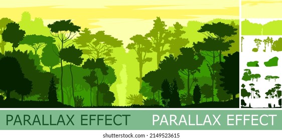 Deciduous forest. Silhouette with parallax effect. Mature, spreading trees. Thick thickets. Hills overgrown with plants. Sky. Vector.