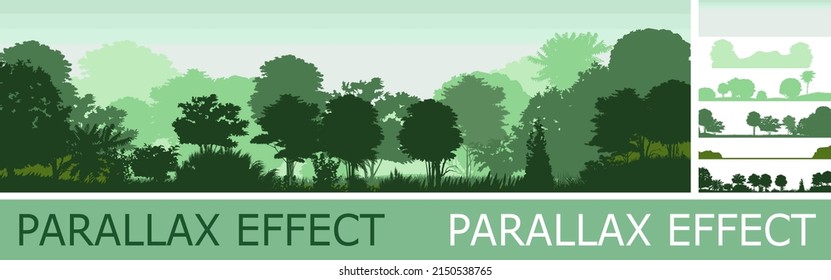 Deciduous forest silhouette with parallax effect. Summer landscape Jungle. Panoramic view. Green scenic. Foliage illustration. Vector.