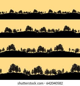 Deciduous forest trees black silhouettes background vector illustration. Horizontal abstract banners of wood covered sunset hills.