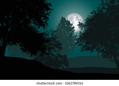 A deciduous forest with trees under a night sky with full moon - a spooky vector