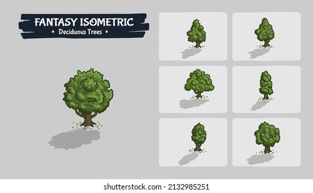 Deciduous green Trees Fantasy game assets - Isometric Vector Illustration