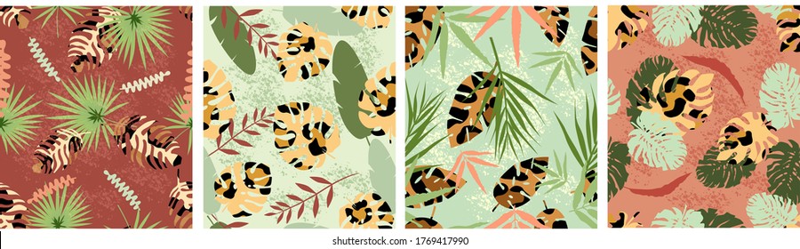 Deciduous leopard pattern seamless. Fashionable organic fern coloring with leopard camouflage exotic combinations of modern art design skin and swirling leaves tropical vector plants.