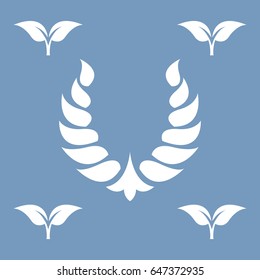 Deciduous ornament. Foliate element. White abstract wreath on a blue background. 