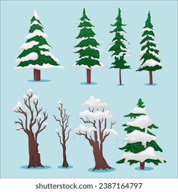 Deciduous and pine tree with snow covered branches winter set on blue background